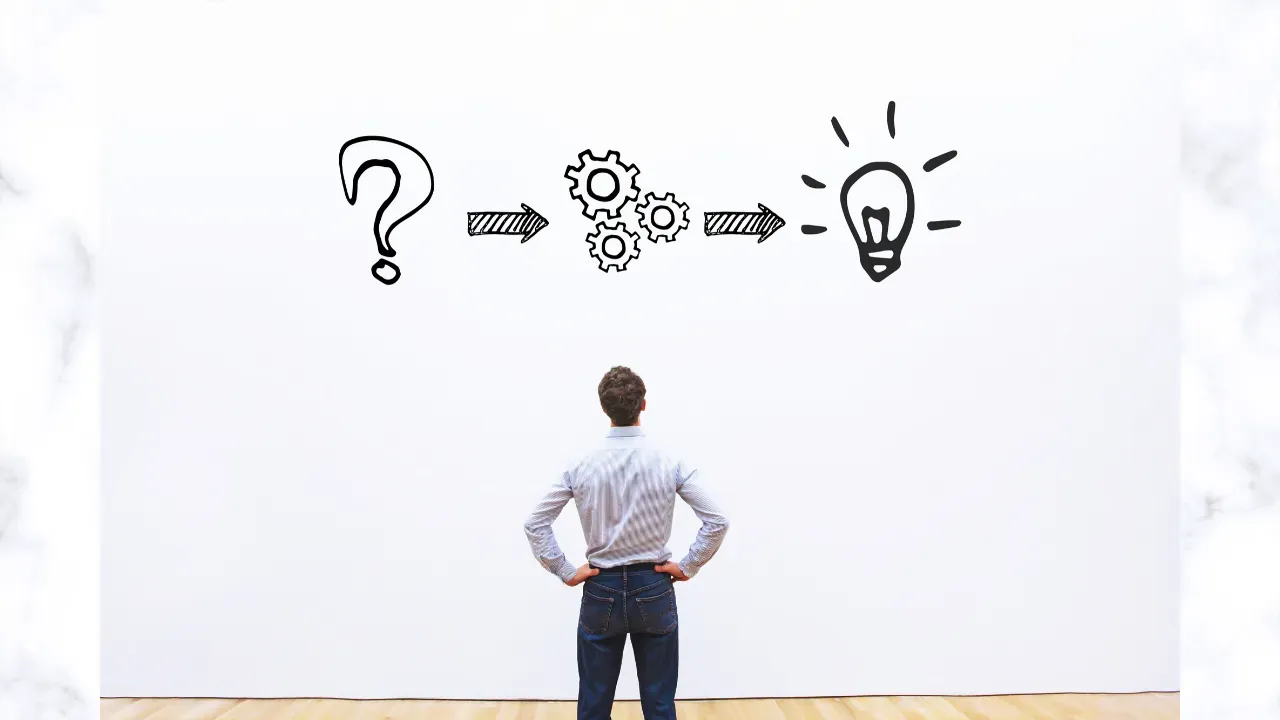Person facing a wall with a question mark turning into gears and a light bulb, symbolizing ideas and problem-solving.