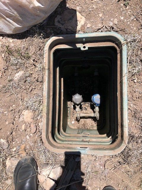 A person is standing next to a water meter box in the dirt.