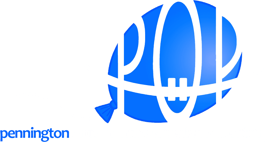 Blue globe-style logo with white vertical bars and small blue “pennington” text at bottom left