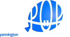 Blue globe-style logo with white vertical bars and small blue “pennington” text at bottom left