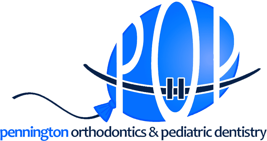Pennington Orthodontics & Pediatric Dentistry logo with blue globe and white braces icon