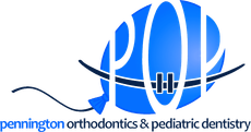 Pennington Orthodontics & Pediatric Dentistry logo with blue globe and white braces icon