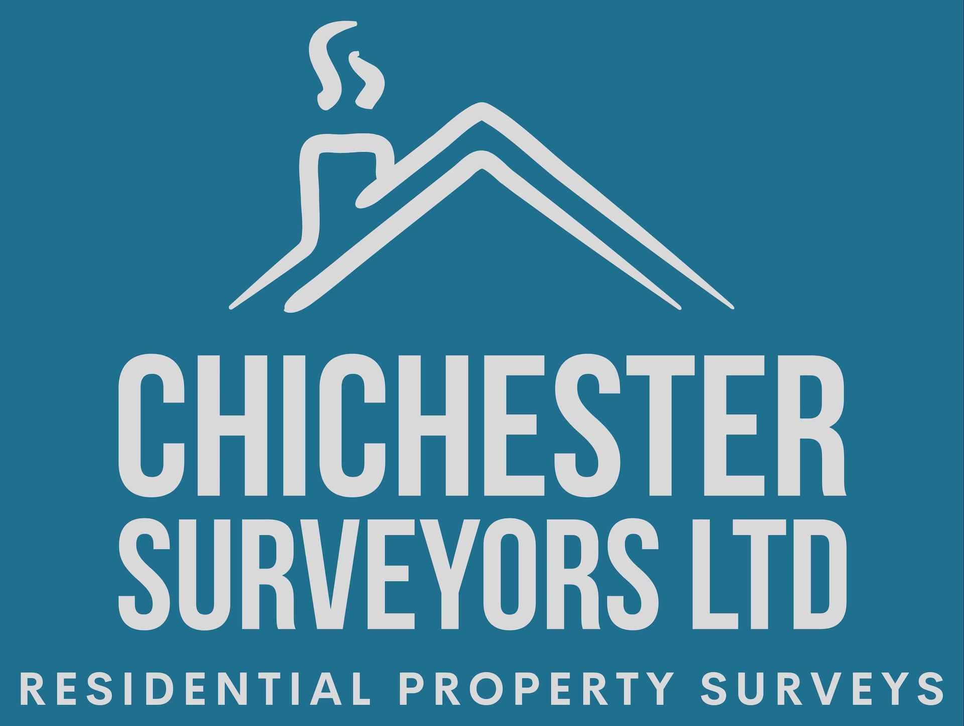 Logo for Chichester Surveyors Ltd on a teal background, with a white house roof and chimney icon.
