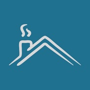 White line icon of a steaming chimney on a blue background