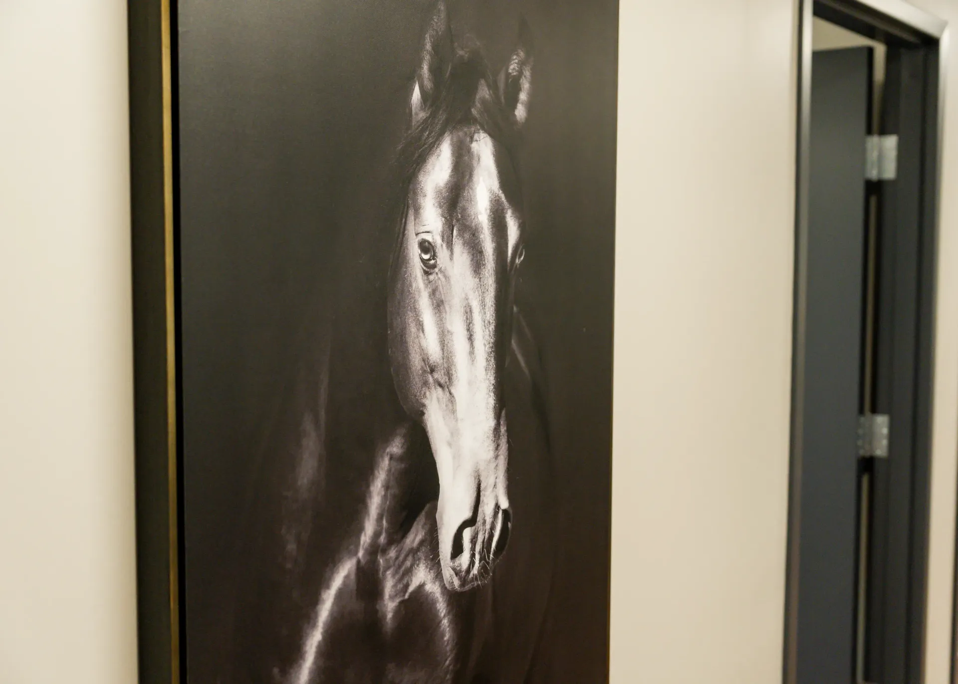 Black and white artwork of a horse, partially illuminated, mounted on a wall. A dark door is visible to the right.