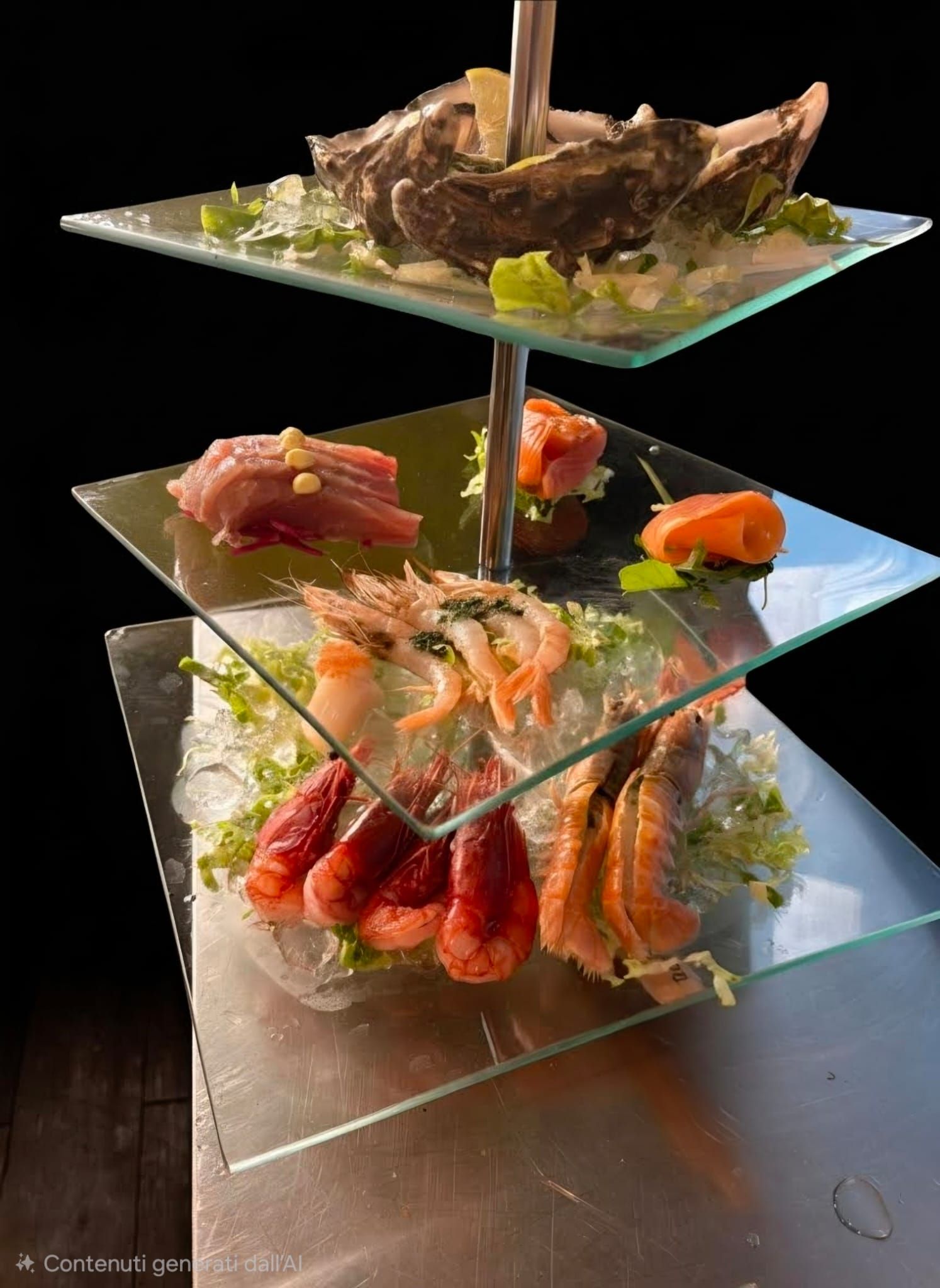 Piatti di vetro impilati con cibo a strati, tra cui frutti di mare e carne, su un supporto metallico.