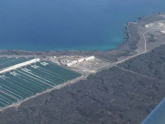 Aerial view of a shoreline with a facility complex and green-covered areas near a body of blue water.