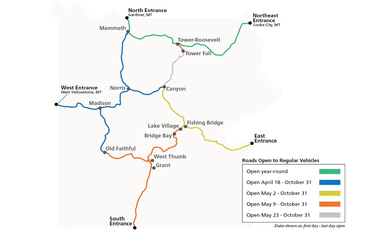 A map of road opening and closing dates in Yellowstone