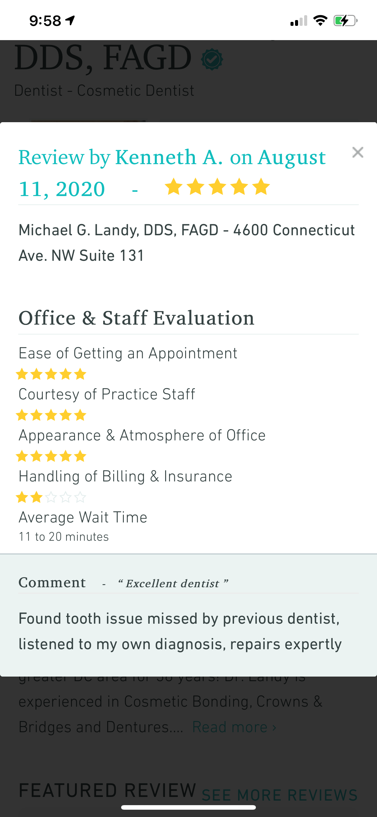 Review By Kenneth — Washington, DC — Michael G. Landy, DDS.