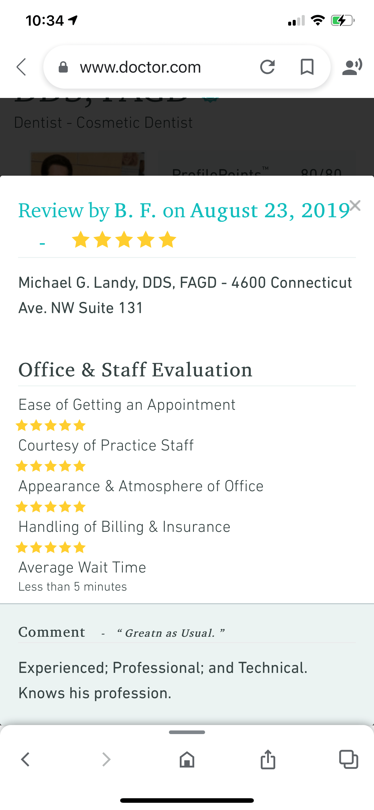 Great Review By B.F. — Washington, DC — Michael G. Landy, DDS.
