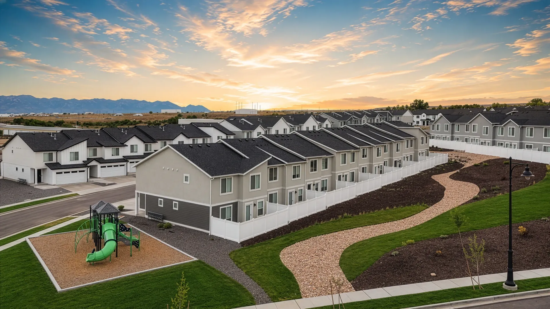 Townhome community with a playground and scenic mountain backdrop at sunset at Little Valley, offering apartments in Magna, UT.