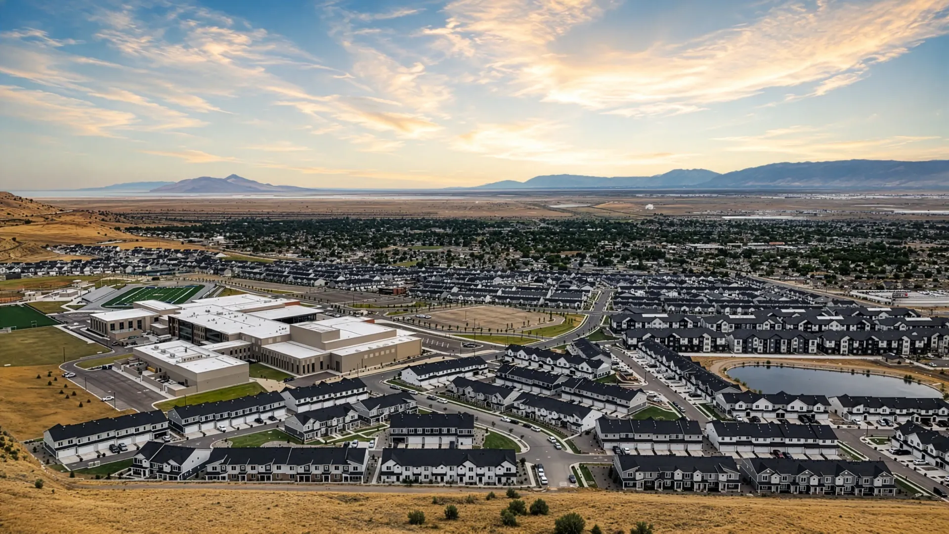 Aerial view of a residential community with townhomes and a school at Little Valley, offering apartments in Magna, UT.