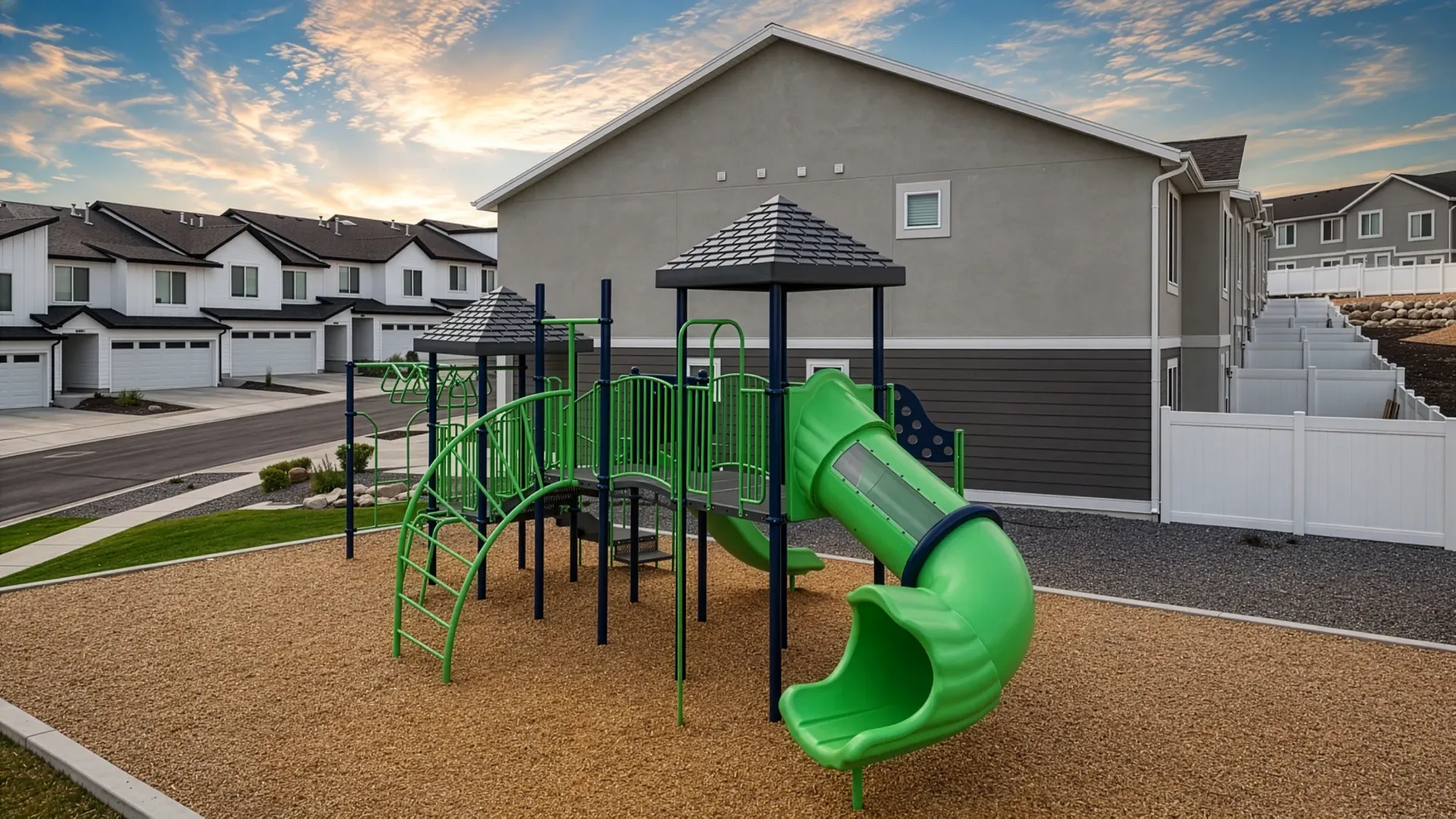 Playground with slides and climbing structures in front of townhomes at Little Valley, offering apartments for rent in Magna, UT.