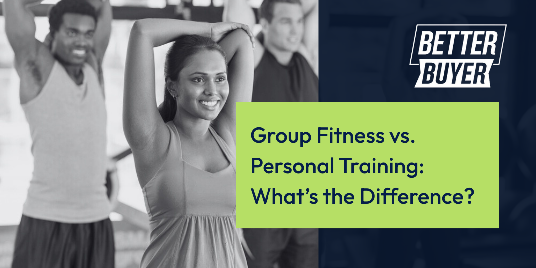 People in fitness attire smiling as they work out, with text: Group Fitness vs. Personal Training: What's the Difference?