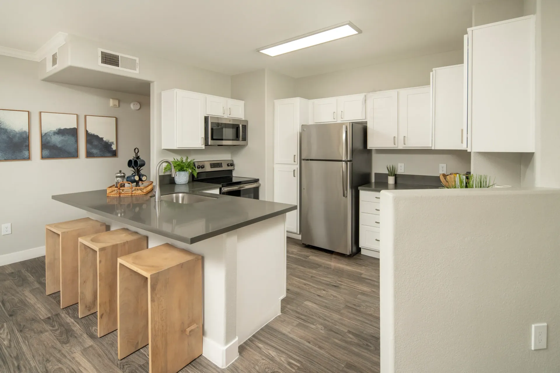 Kitchen with island and seating