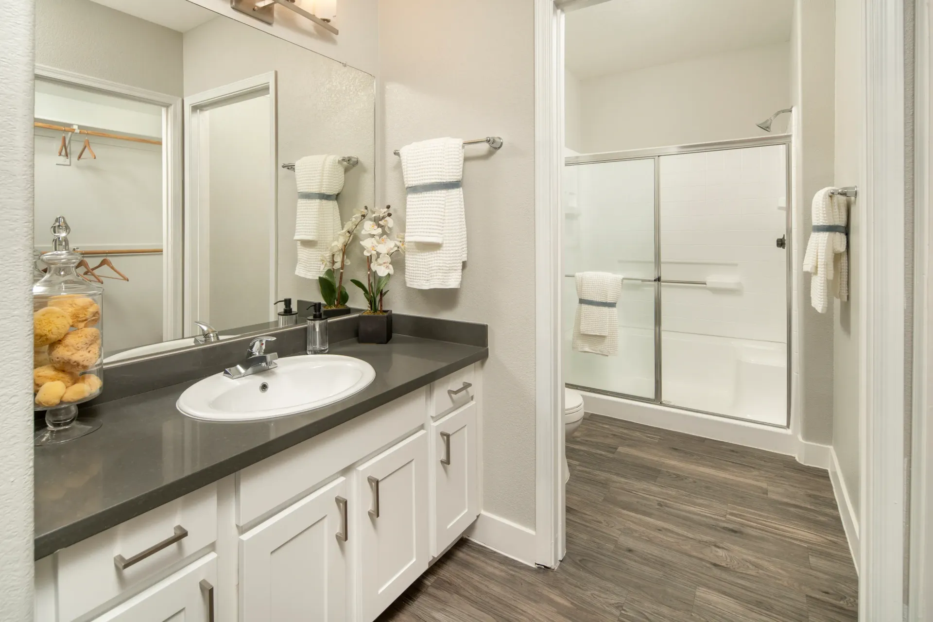 Modern bathroom with a vanity, sink, mirror, and a glass-enclosed shower and tub.