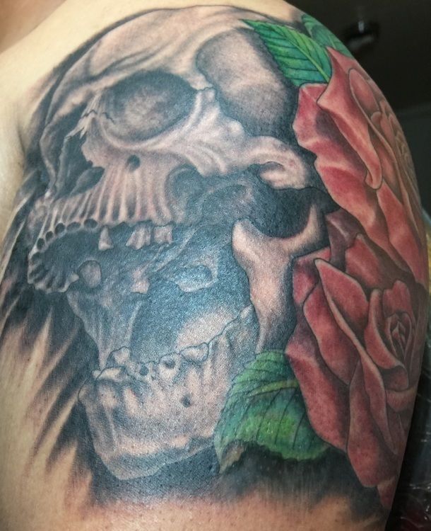 Skull tattoo with a red rose on a shoulder. Black and gray shading, with green leaves.