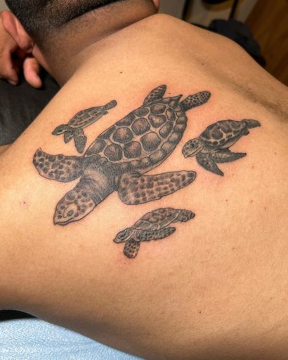 Tattoo on a person's back: a large turtle with three smaller turtles surrounding it, all in grayscale.
