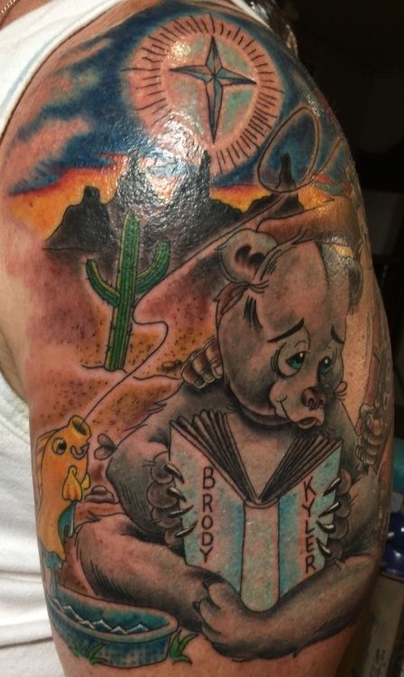 Colorful arm tattoo: bear reading book with names 
