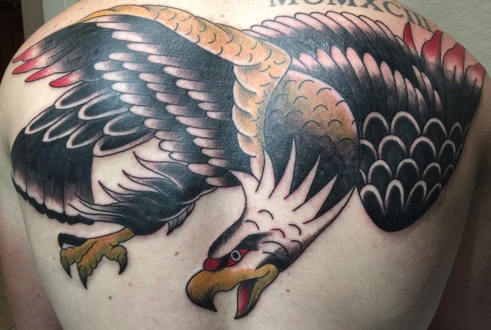 Tattoo of a large, black, and tan eagle with red accents on a person's back.