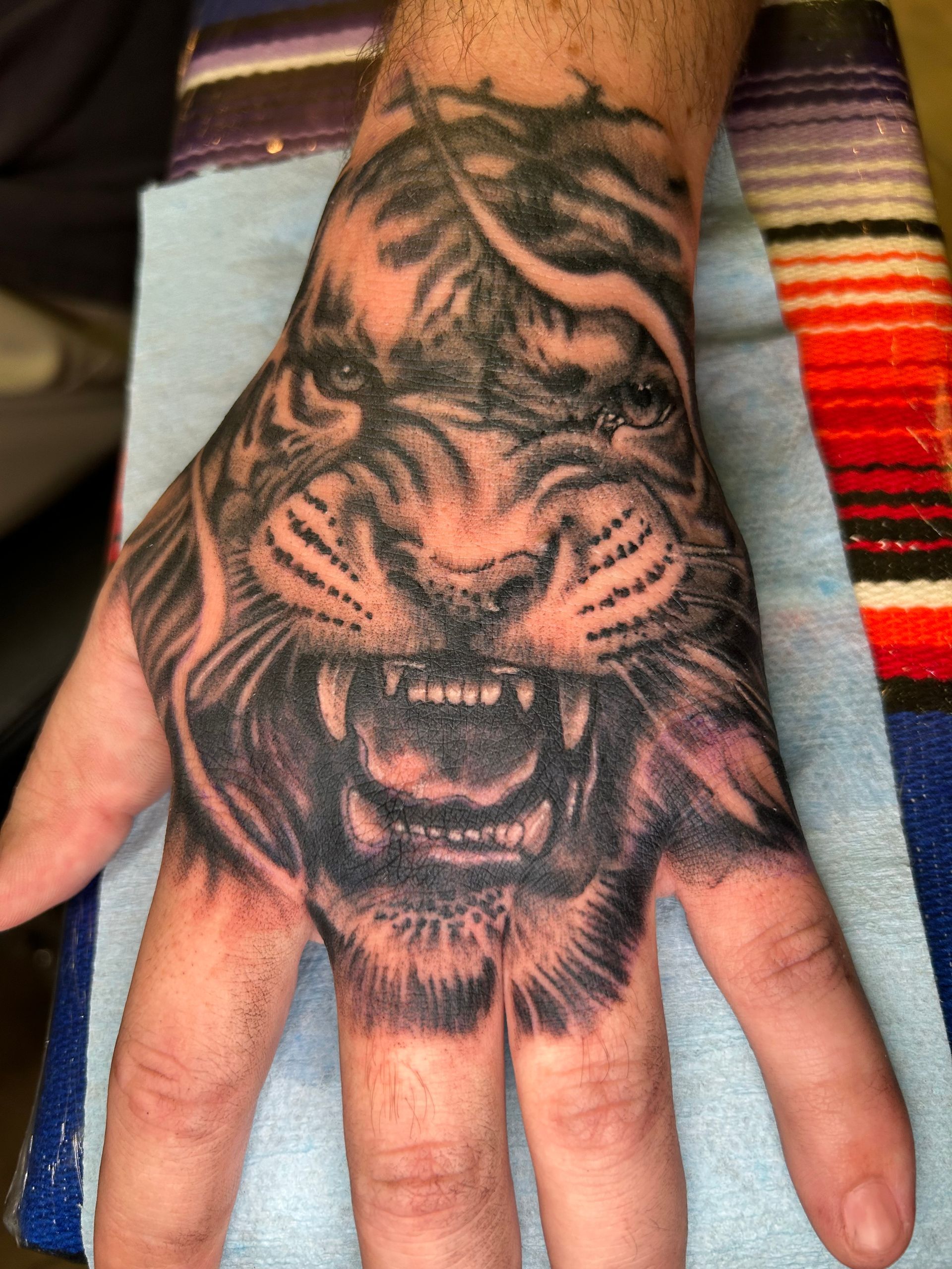 Black and gray tiger face tattoo on a person's hand, roaring, detailed shading.