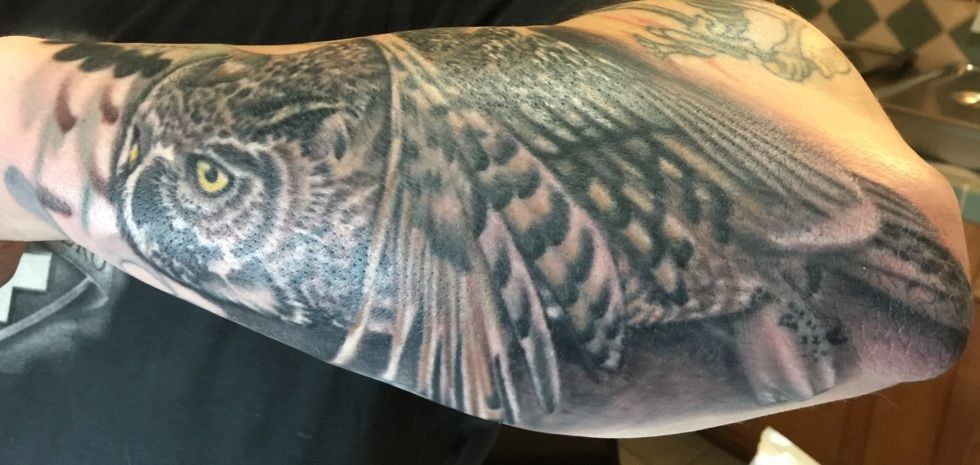 Tattoo of an owl with yellow eyes and detailed feathering on a person's arm.