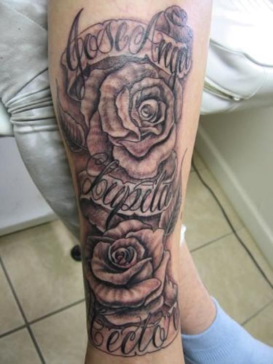 Tattoo on an arm with two roses and names: Jose, Ana, Lupita, and Hector in cursive script.