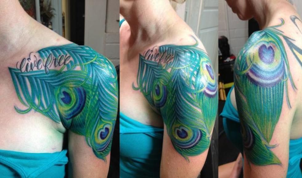 Tattoo of blue and green peacock feathers on a person's shoulder and upper arm.