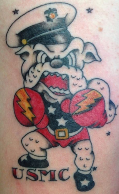 Bulldog in boxer attire wearing a Marine cap, boxing gloves with lightning bolts, and USMC text.