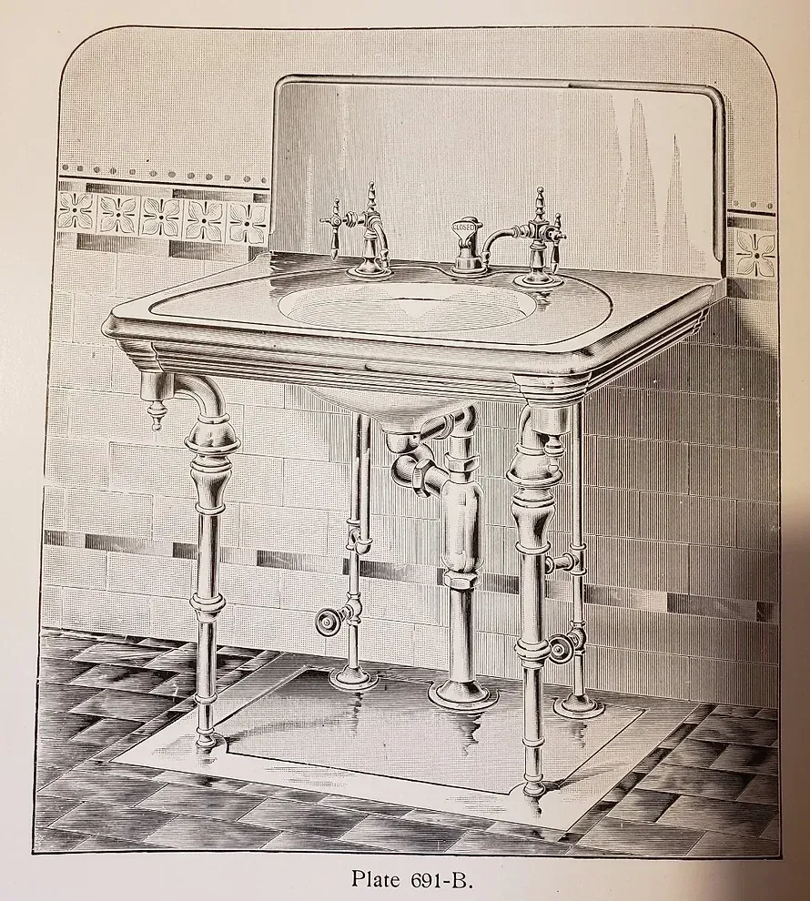 A black and white drawing of a sink in a bathroom