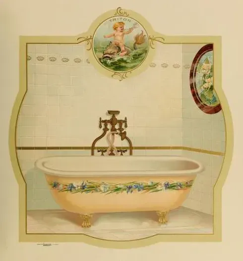 A picture of a bathtub with a picture of a child above it