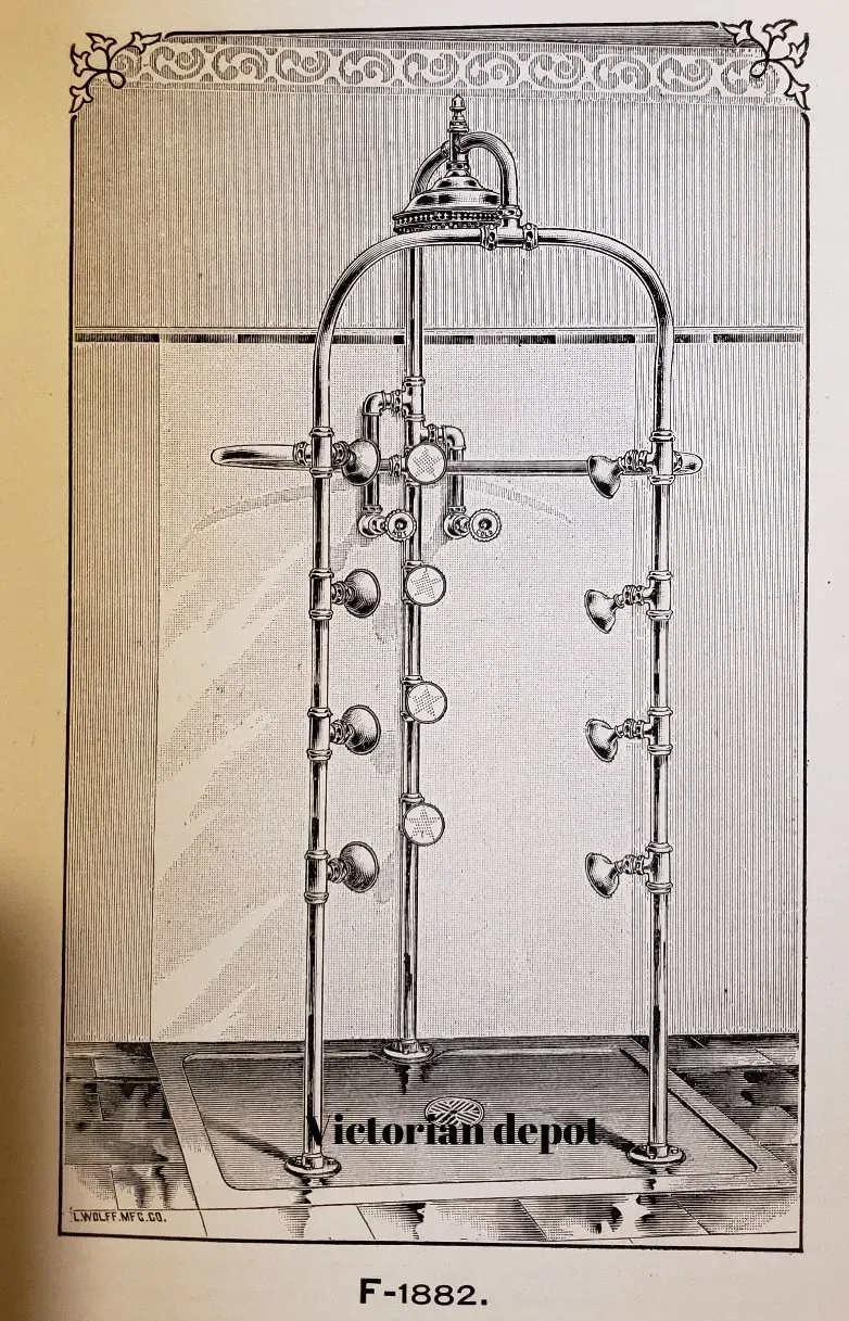 A black and white drawing of an antique shower stall