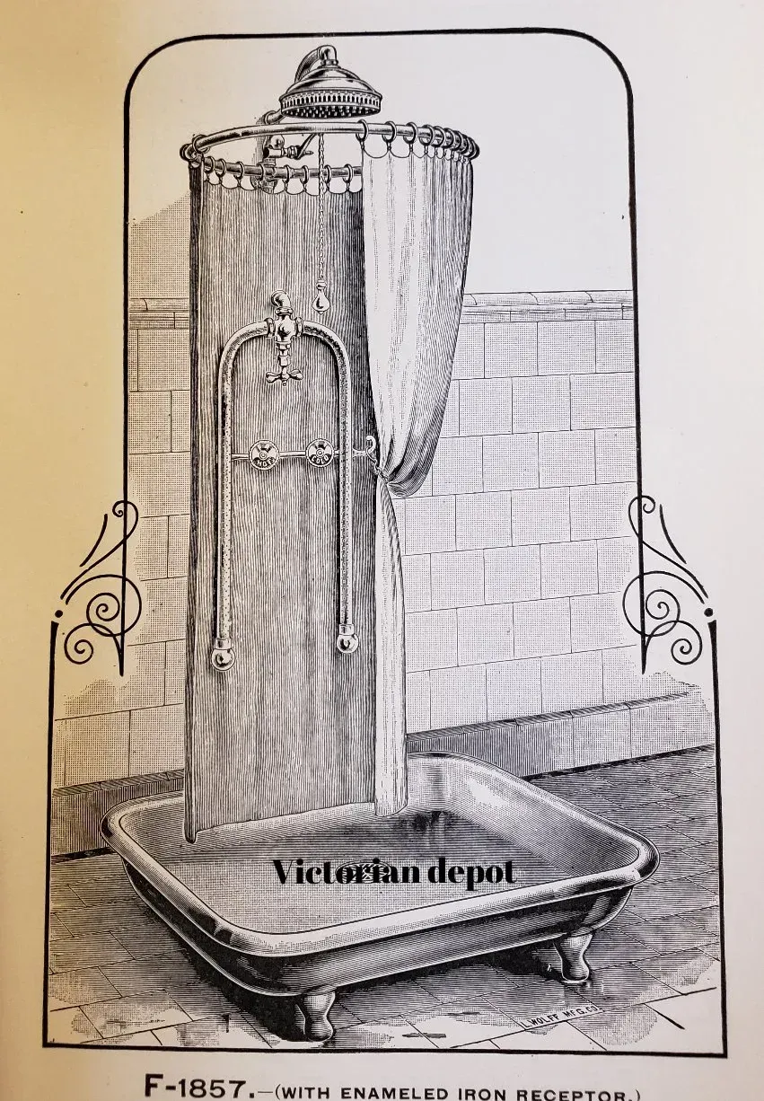 A black and white drawing of a victorian depot shower