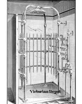 A black and white photo of a shower with a fence around it.