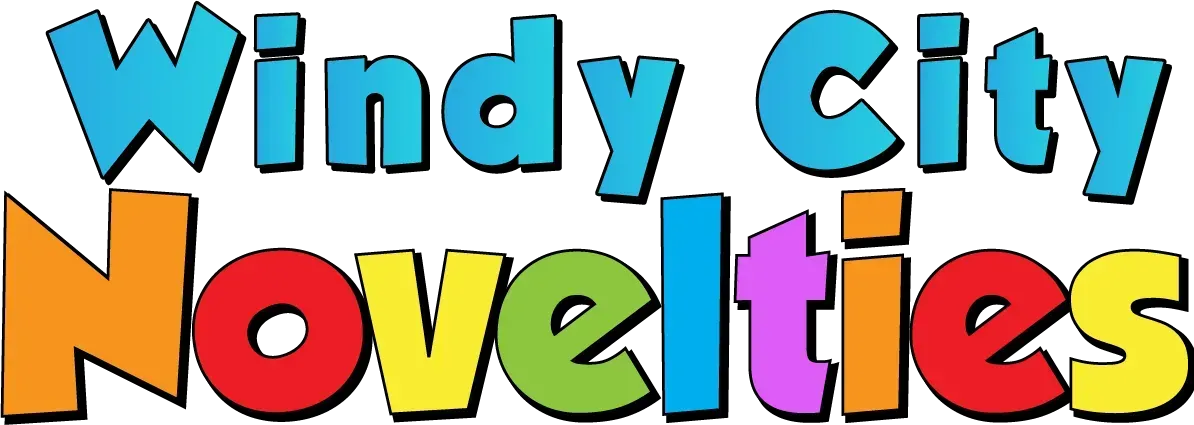 A colorful logo for windy city novelties on a white background