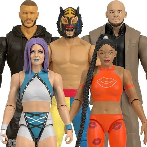 A group of action figures are standing next to each other