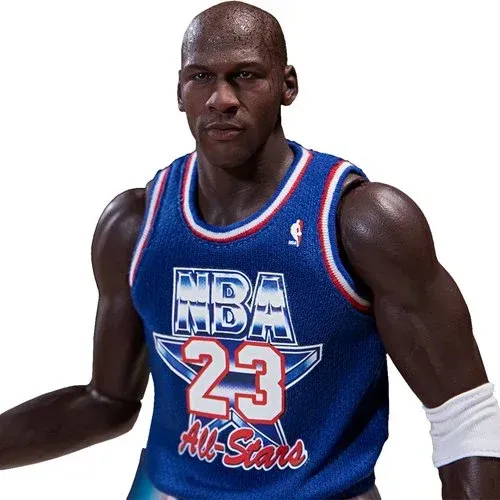 Michael jordan is wearing a blue nba all stars jersey