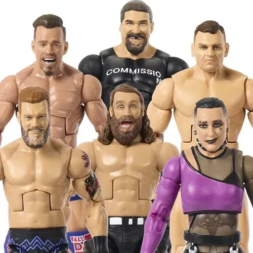 A group of action figures are standing next to each other.