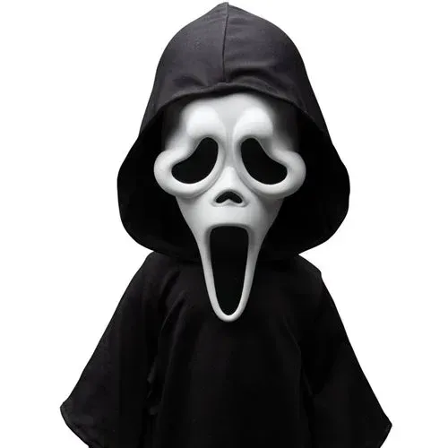 A doll wearing a scream mask and a black hood