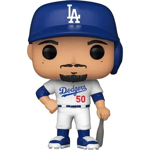A funko pop of a dodgers baseball player holding a bat.