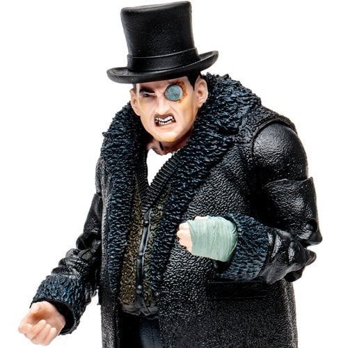 The penguin is wearing a top hat and a fur coat.