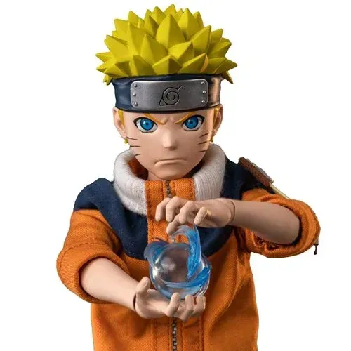 A naruto action figure is holding a blue object in his hands.