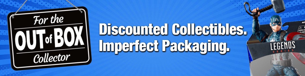 A sign that says out of box discounted collectibles imperfect packaging