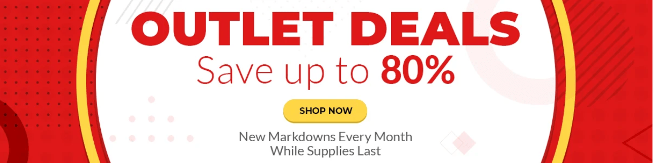 A red and white banner that says `` outlet deals save up to 80 % ''
