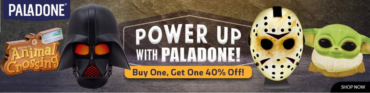 A skull , jason voorhees , and a baby yoda are on a sign that says power up with paladone.