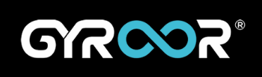 A white and blue logo for groor on a black background