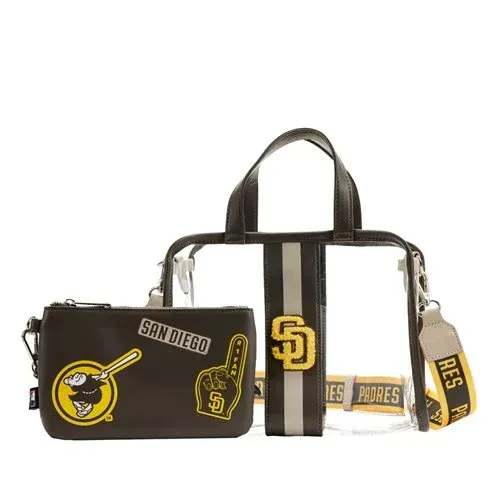 A san diego padres purse and a clear purse are sitting next to each other on a white background.