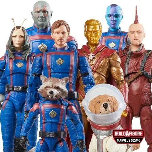 A group of guardians of the galaxy action figures are standing next to each other.