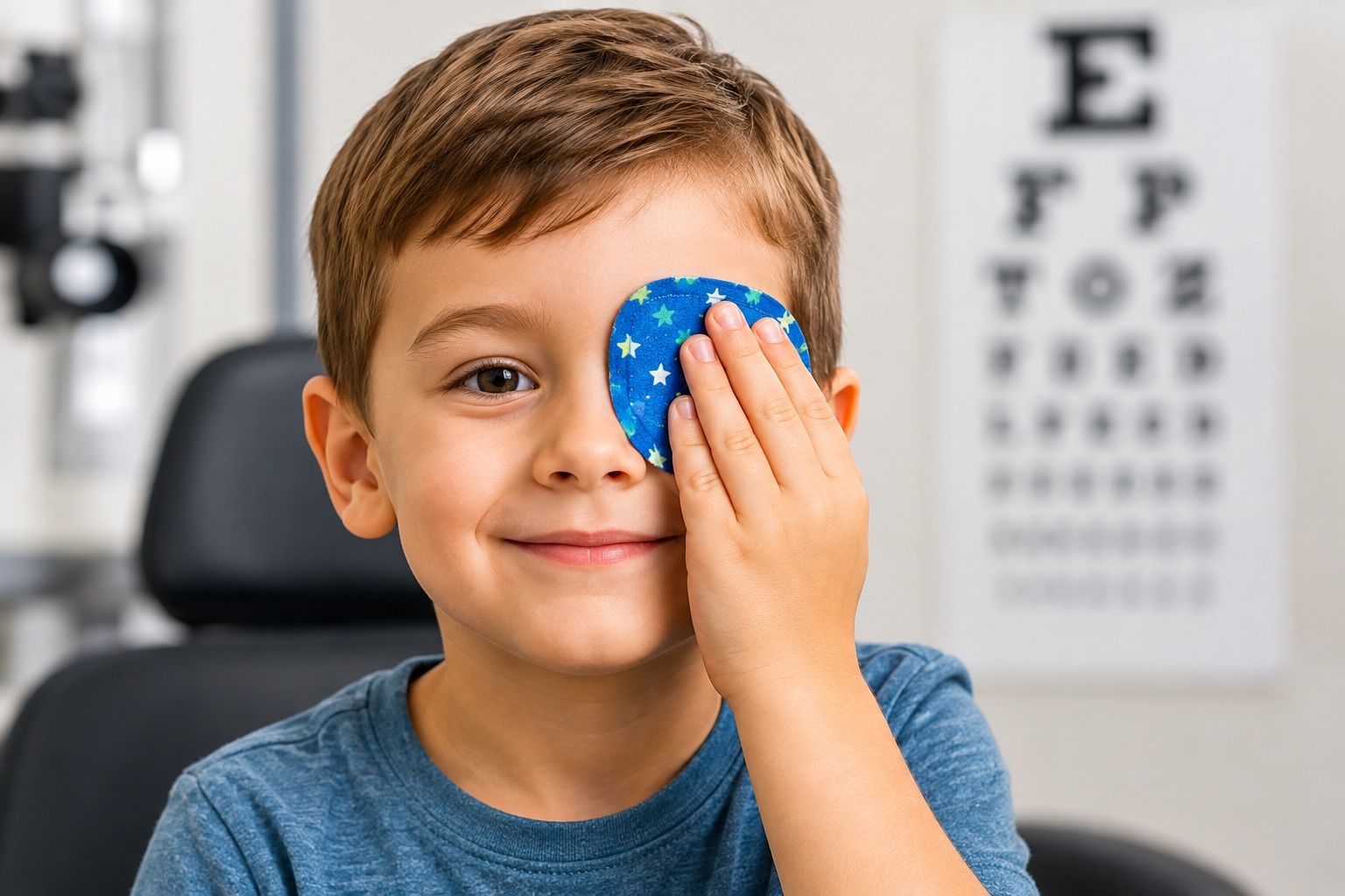 Child covering one eye with a blue eye patch during an eye exam in a clinic