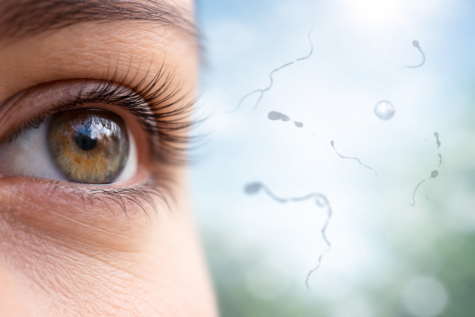 Close-up of a person's eye with sperm-like shapes floating in front of it against a blurred background.